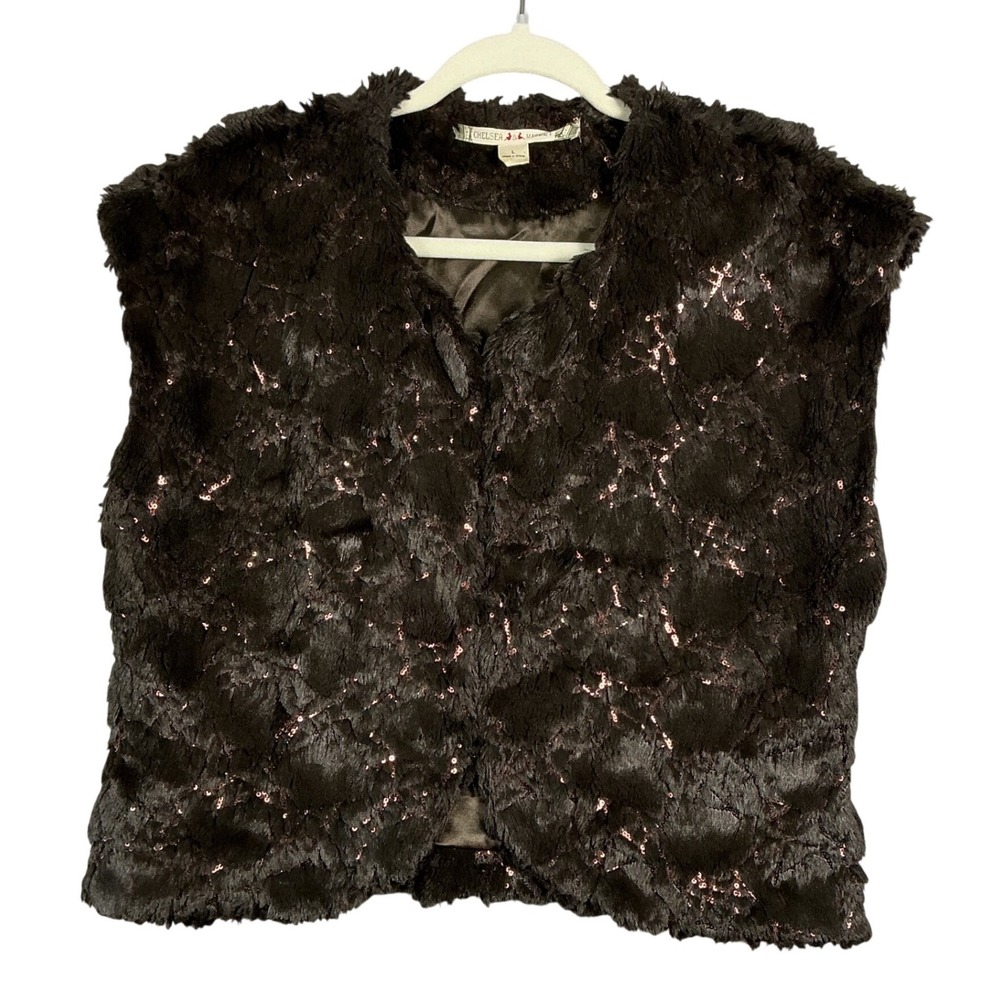 Chelsea & Violet Brown Faux Fur Sequin Vest Large Sleeveless Hook Eye Closure